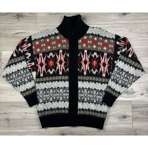 Vtg‎ Nordic Fair Isle Aztec Southwestern Zip Up Thick Knit Sweater Cardigan Sz M